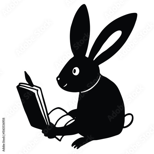 Cute black silhouette of a rabbit reading a book with a pen