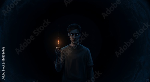 A young man holds a flickering match in the overwhelming darkness, his face etched with apprehension and uncertainty.