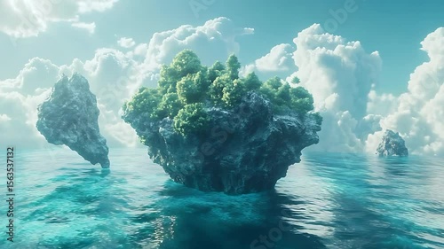 Serene Floating Islands Surrounded by Clear Blue Waters and Fluffy White Clouds in a Tranquil Scene