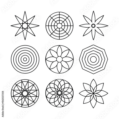 Vector Set of 9 Futuristic Tech Geometric Line Icons – Signal, Grid, Spiral, Circuit Mesh