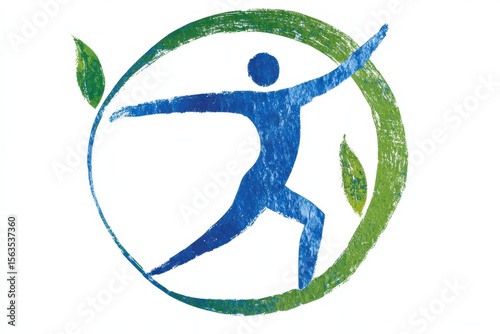 Dynamic Blue Figure in Action Surrounded by Green Leaves, Representing Health, Wellness, and Nature in a Vibrant and Energetic Design