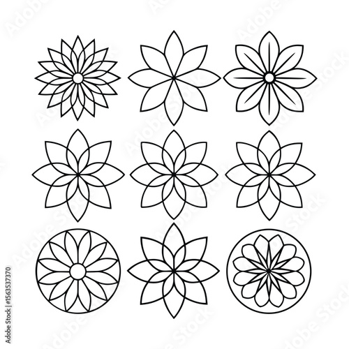 Vector Collection of 9 Mandala-Inspired Radial Line Art Icons – Lotus, Sunburst, Circular Bloom
