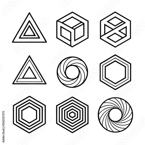Flat Vector Set of 9 Optical Illusion Geometric Icons – Penrose, Mobius, Maze, Spiral – Minimal Line Style

