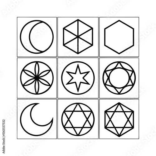 Flat Vector Set of 9 Geometric Shapes – Circle, Star, Triangle, Crescent – Minimal Line Icons

