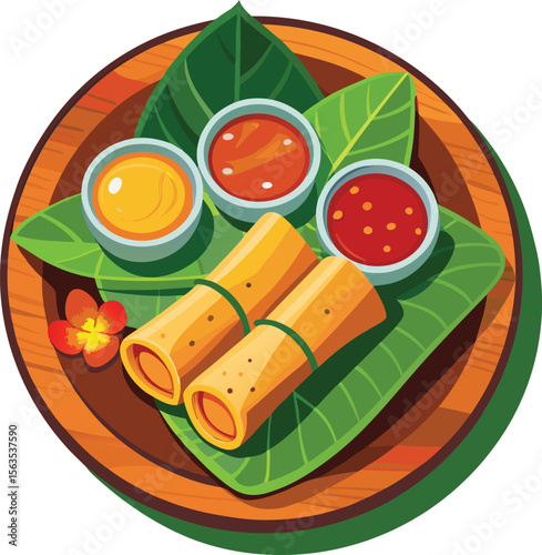 Delicious spring rolls served with dipping sauces on a wooden plate