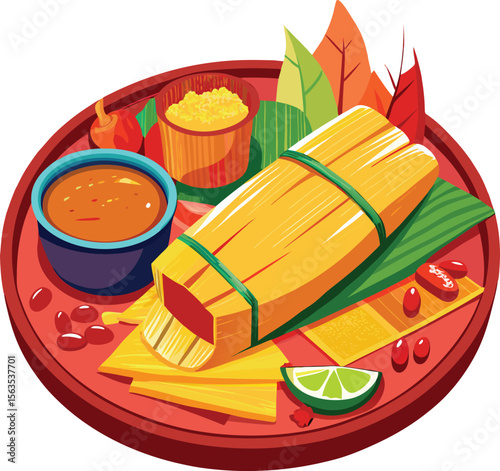 Delicious tamales with sauces and garnishes on a red plate illustration