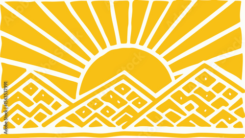 Golden sun rising over stylized pyramids with decorative geometric patterns in a simple design