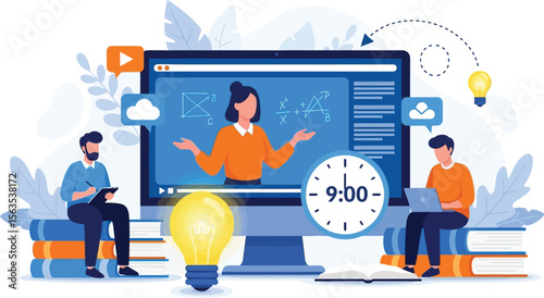 Illustration of online education with students learning from a computer screen and books stacks