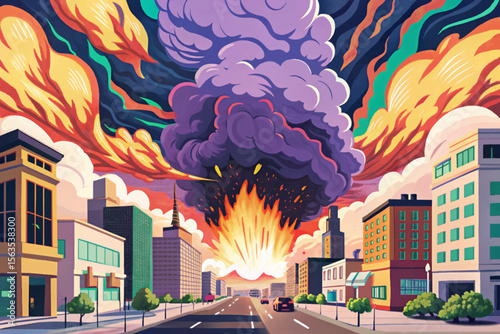 massive firestorm consumes a deserted city street, with towering flames, shattered windows, and swirling ash creating an apocalyptic scene of urban devastation and chaos