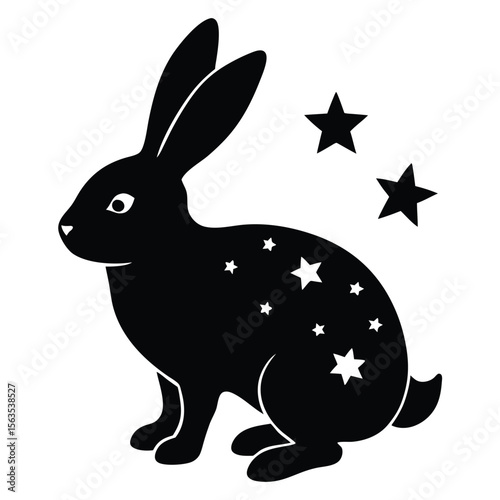 Black silhouette of a rabbit with stars on its body and floating stars