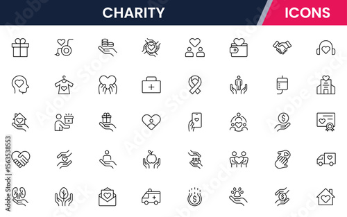 Charity Line Icons set. Contains icons related to charity, caring for the elderly, helping homeless animals, donation, and more. Vector illustration