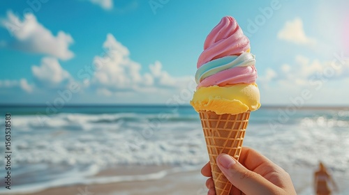 A beachside scene with a person holding a bright, colorful ice cream cone.
