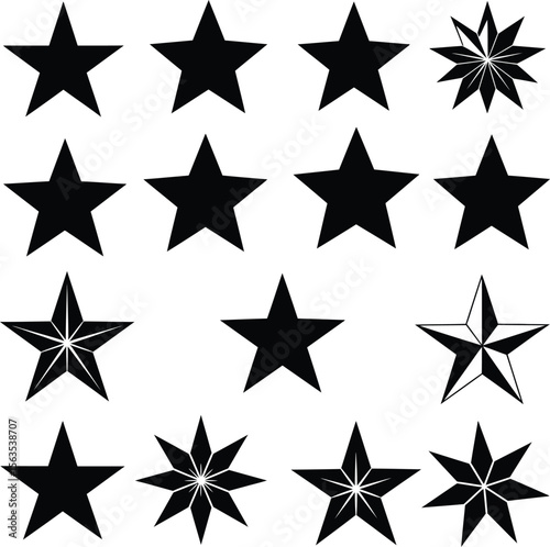 A versatile vector collection of various star shapes and styles, including simple five-pointed stars, bursting stars, and intricate decorative designs, perfect for awards, ratings, and holiday purpos.