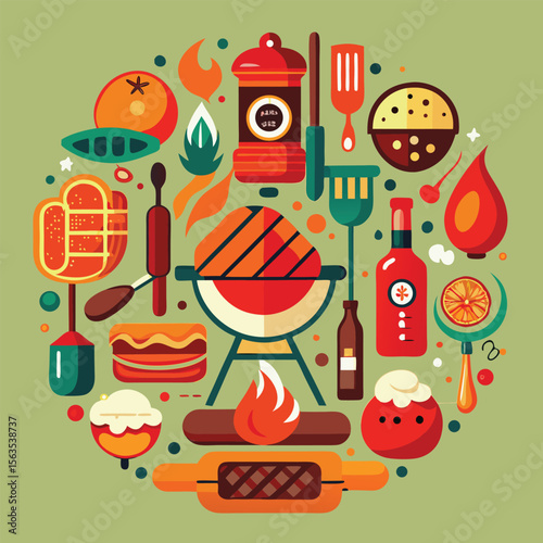 Vibrant BBQ Illustration with Grill Food and Utensils in a Circular Composition