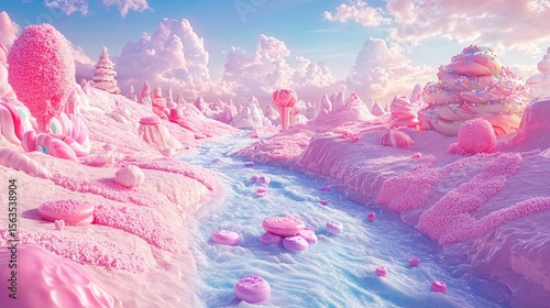 A fantasy landscape where melting ice cream rivers flow through a candy land.