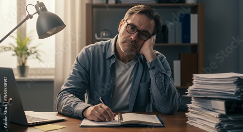 Overwhelmed businessman sits at his desk, hand on his face, surrounded by paperwork, looking tired and stressed.