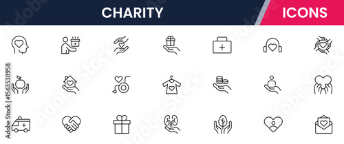Charity Line Icons set. Contains icons related to charity, caring for the elderly, helping homeless animals, donation, and more. Vector illustration