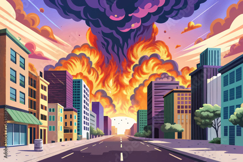 massive firestorm consumes a deserted city street, with towering flames, shattered windows, and swirling ash creating an apocalyptic scene of urban devastation and chaos