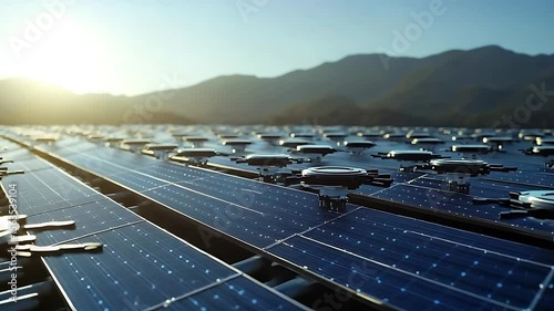 Solar panels with drones collecting data at sunrise in a mountainous landscape, showcasing renewable energy technology