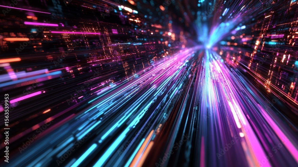 Obraz premium Cutting-Edge Technology Enables Futuristic Data Transfer Visualized With Vibrant Light Trails