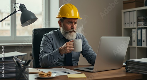 Focused Construction Professional Sipping Coffee While Working on Laptop