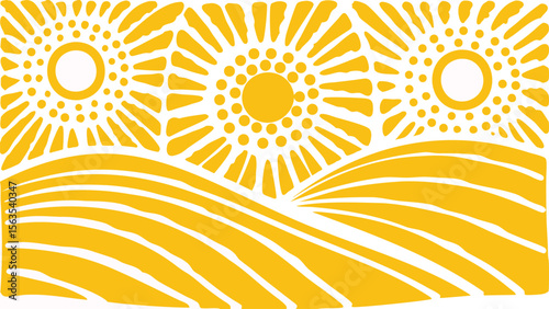 Three suns above rolling hills with stylized rays and circular centers in yellow and white design
