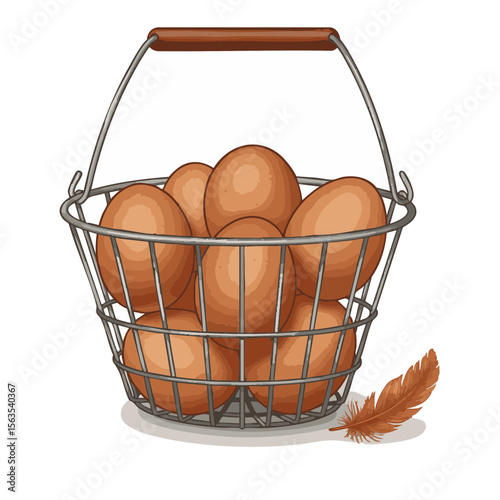 Egg Basket with Feather, Rustic Farm Gathering Scene, Flat Icon