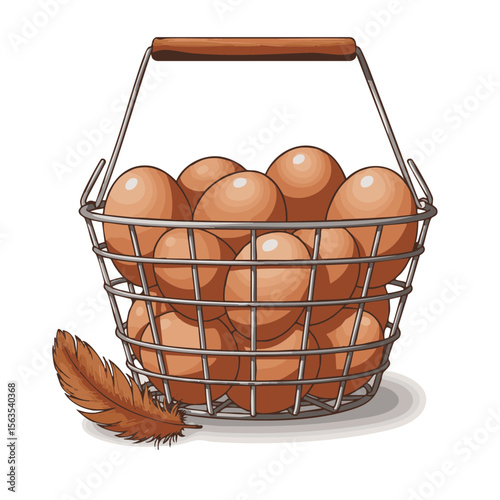 Egg Basket with Feather, Rustic Farm Gathering Scene, Flat Icon