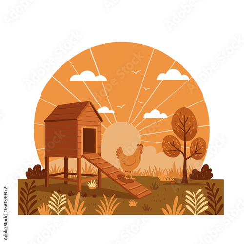 Chicken Walking from Coop with Sun in Background, Flat Vector