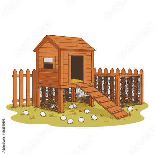 Wooden Backyard Chicken Coop with Ramp and Eggs, Flat Vector