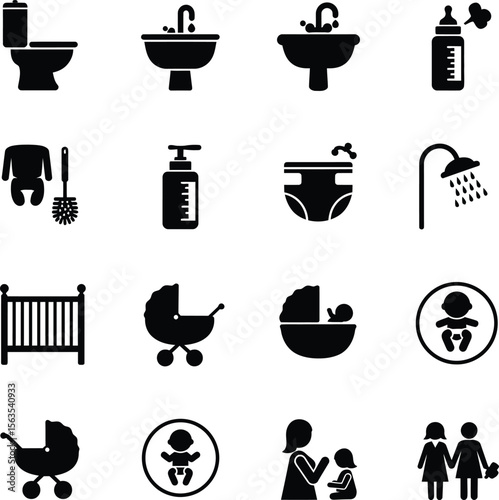 Baby Care and Bathroom Black Silhouette Vector Icon Set: Collection of Icons Including Toilet, Sink, Baby Bottle, Diaper, Shower, Crib, Stroller, and Parent-Child Relationship Symbols.