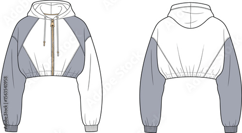 Cropped hoodie front back technical flat sketch with color block sleeves zipper drawstring ribbed hem cad fashion vector template illustration
