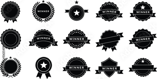 Diverse Winner Badge and Award Ribbon Vector Silhouettes: Collection of Black Icons Featuring Star Seals, Laurel Wreaths, and Banners for Quality, Achievement, and Competition Recognition Graphics.