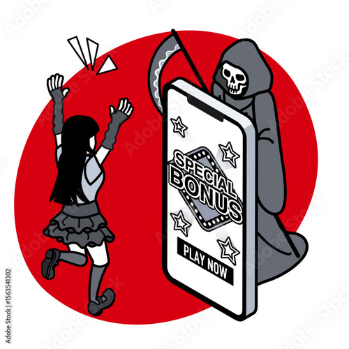 Happy Woman Reacting to Mobile Casino Bonus, with Grim Reaper in Background