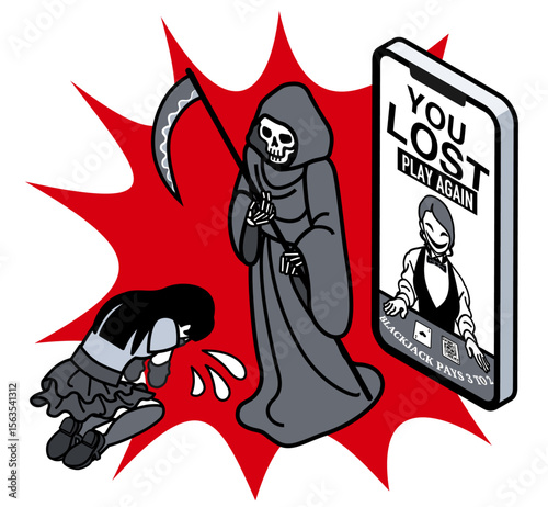 Woman Looking Down in Defeat at Casino App Loss Screen, Grim Reaper Watching Silently