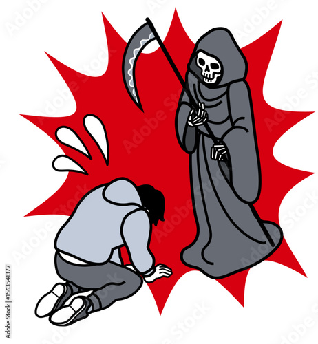 Grim Reaper Staring Down at a Defeated Kneeling Man