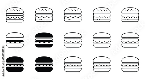 Diverse Black & Outline Hamburger Icon Vector Set - Fast Food, Burger, Meal, Sandwich, Restaurant, Dinner, Lunch, Takeaway, Junk Food Icons