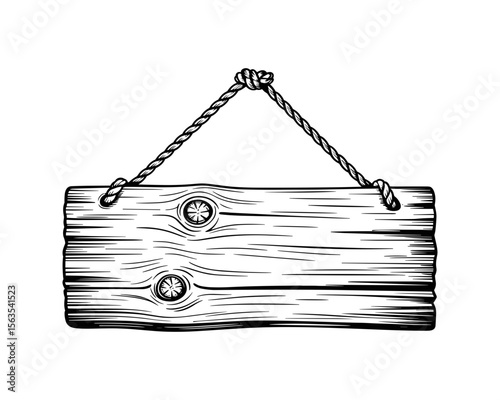 A blank wooden sign hanging from a rope  vector illustration