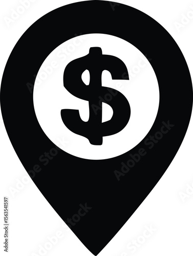 Location pin with dollar symbol inside a circle representing financial destination or money related place