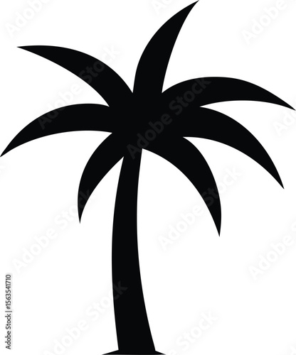 Minimal black silhouette of a thin palm tree isolated on transparent background