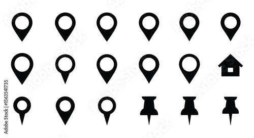 Diverse Black Location Pin & Map Marker Vector Set - GPS, Navigation, Address, Point, Pointer, Home, Place, Destination, Travel Icon