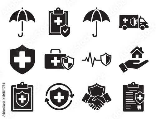 Insurance policies and claims solid icon set for coverage and protection showing document shield and other symbols for risk management and financial safety