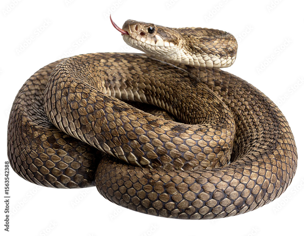 Fototapeta premium Venomous snake coiled with raised head, isolated on white. Scales clearly visible