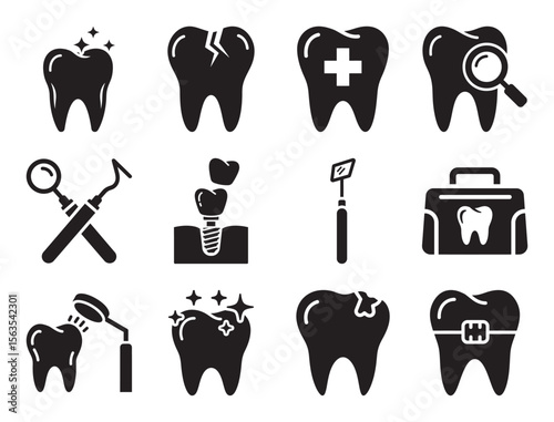 Dental care and stomatology solid glyph icon set for tooth and dentist services showing various oral health and hygiene treatment and tool symbols