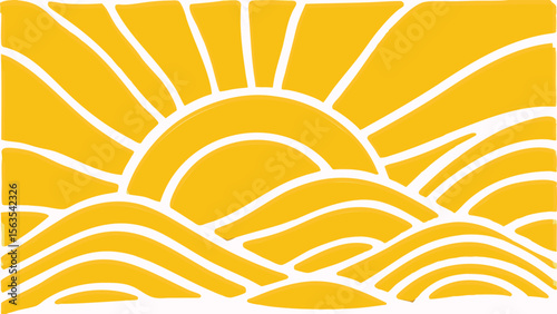 Stylized yellow sun rising over wavy hills with white outlines in a minimalist design style image