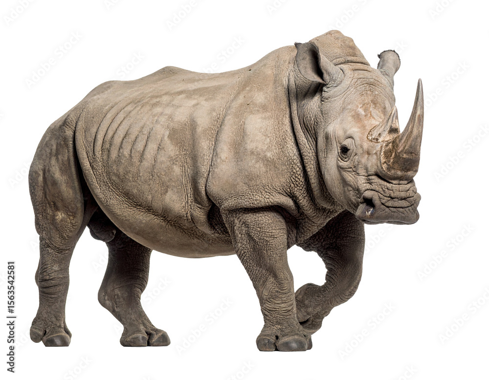 Fototapeta premium A powerful rhinoceros mid-step walking toward the camera, isolated PNG