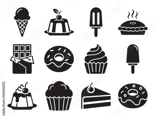 Desserts and sweets solid glyph icon set for bakery and confectionery showing cupcake ice cream and other sugary food and pastry vector illustrations