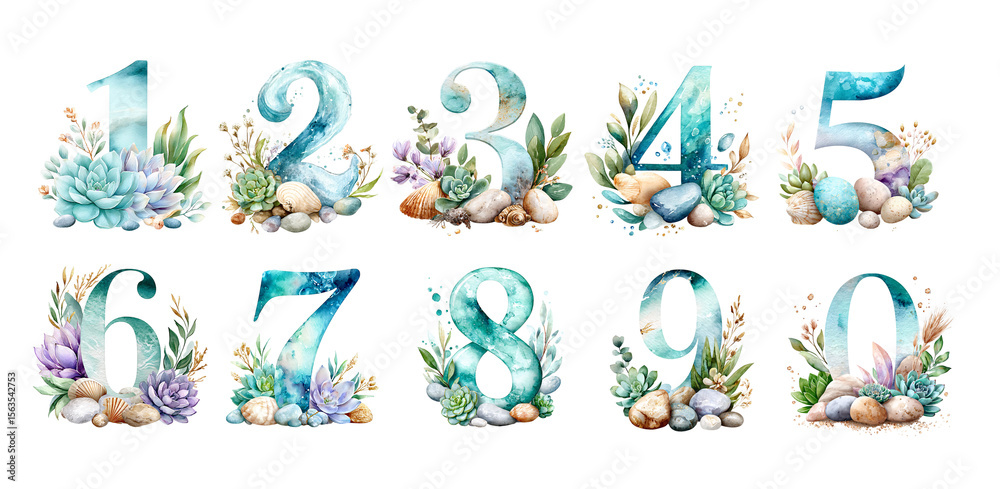 Fototapeta premium Watercolor ocean-inspired floral numbers 0-9 with succulents, shells and eggs, turquoise botanical digit clipart for nursery decor, baby-shower invitations and printable crafts