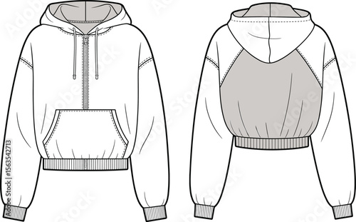 Cropped, zip, up, hoodie, technical, flat, sketch, vector, fashion, drawing, front, back, pocket, ribbed, hem, drawstring, hood, casual, garment, template