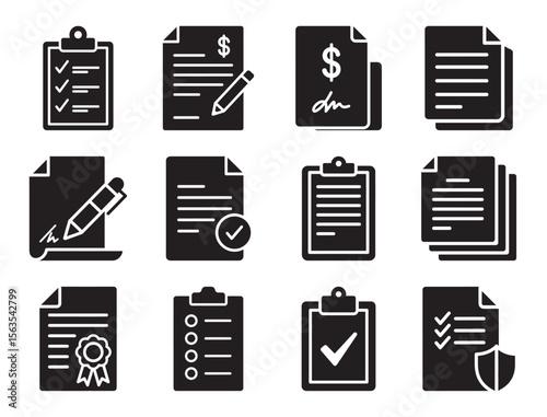 Document management and paperwork glyph icon set for file and report organization showing clipboard folder and other symbols for office administration